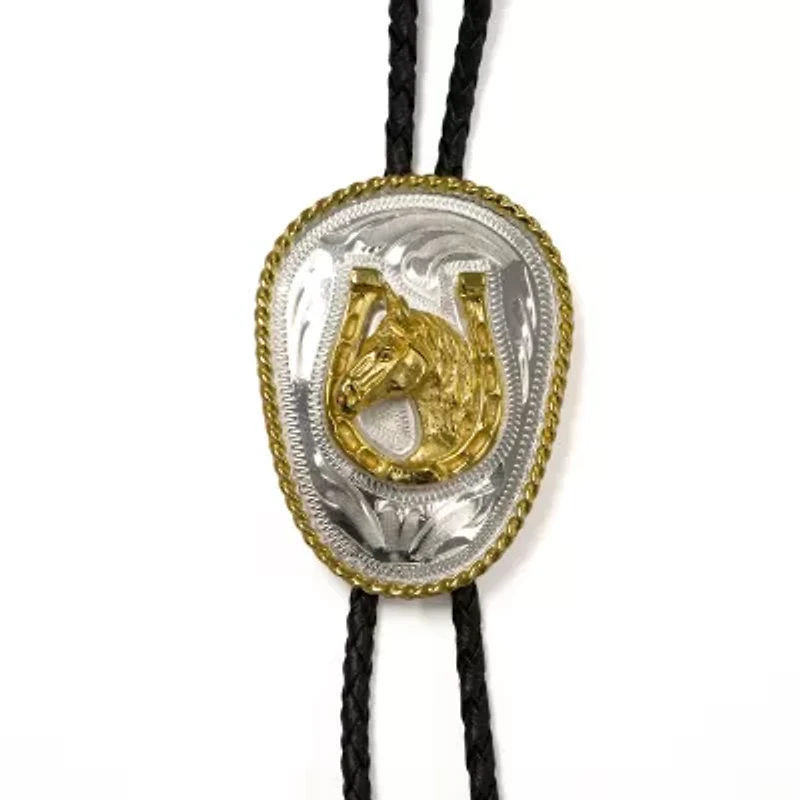 Western Express Horse Head In Horseshoe German Silver Oval Tie