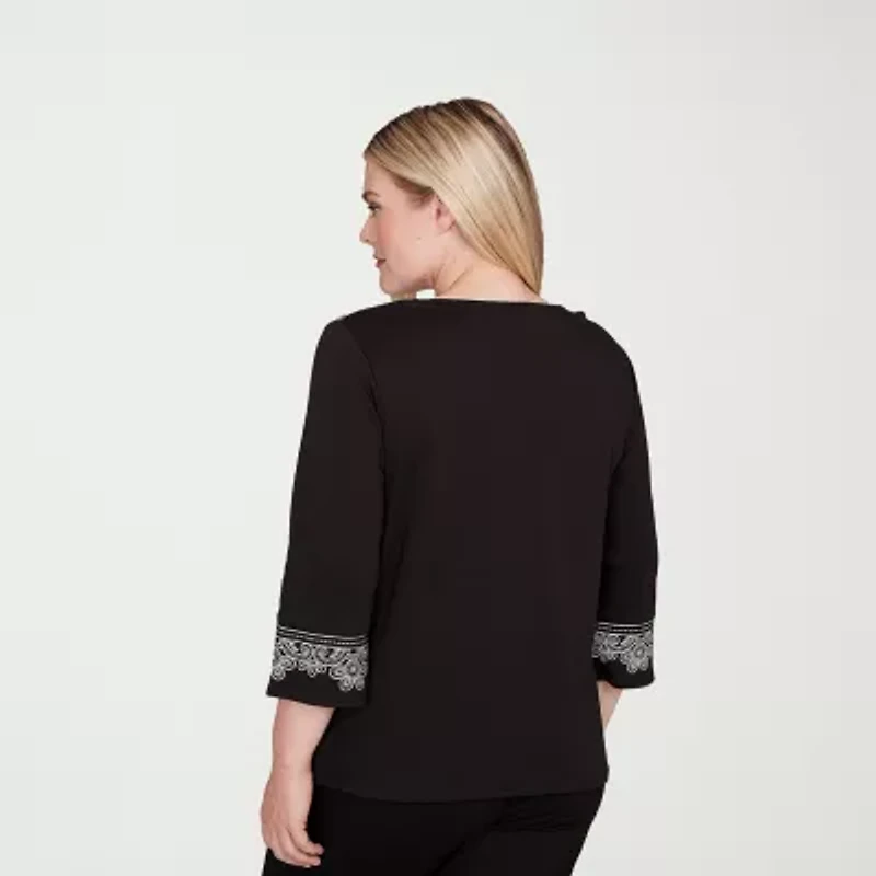 Alfred Dunner Barcelona Womens Split Crew Neck 3/4 Sleeve T-Shirt