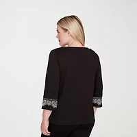 Alfred Dunner Barcelona Womens Split Crew Neck 3/4 Sleeve T-Shirt