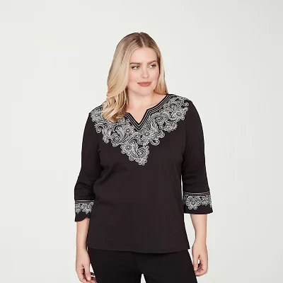 Alfred Dunner Barcelona Womens Split Crew Neck 3/4 Sleeve T-Shirt