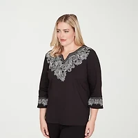 Alfred Dunner Barcelona Womens Split Crew Neck 3/4 Sleeve T-Shirt