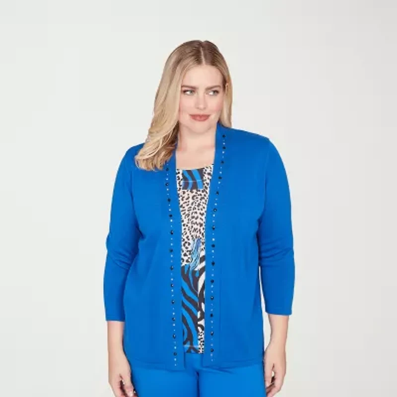 Alfred Dunner Barcelona Womens Round Neck 3/4 Sleeve Layered Sweater