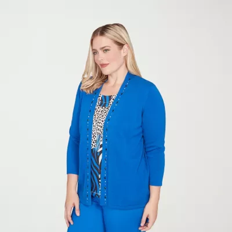 Alfred Dunner Barcelona Womens Round Neck 3/4 Sleeve Layered Sweater