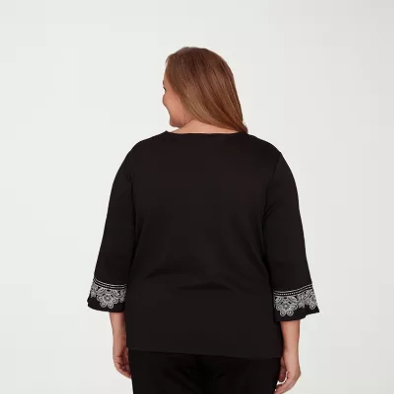 Alfred Dunner Barcelona Womens Plus Split Crew Neck 3/4 Sleeve T-Shirt