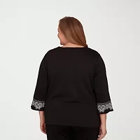 Alfred Dunner Barcelona Womens Plus Split Crew Neck 3/4 Sleeve T-Shirt