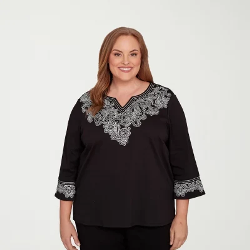 Alfred Dunner Barcelona Womens Plus Split Crew Neck 3/4 Sleeve T-Shirt