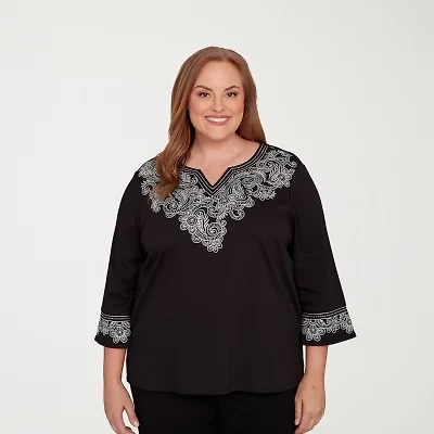 Alfred Dunner Barcelona Womens Plus Split Crew Neck 3/4 Sleeve T-Shirt