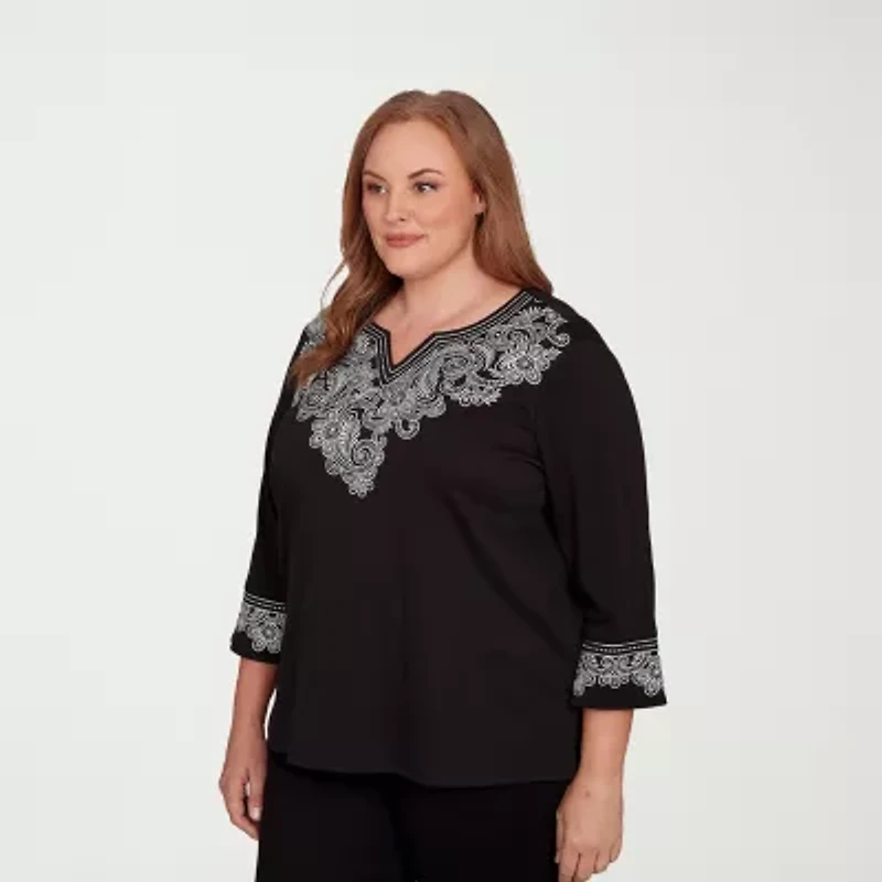 Alfred Dunner Barcelona Womens Plus Split Crew Neck 3/4 Sleeve T-Shirt