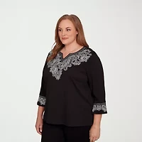 Alfred Dunner Barcelona Womens Plus Split Crew Neck 3/4 Sleeve T-Shirt