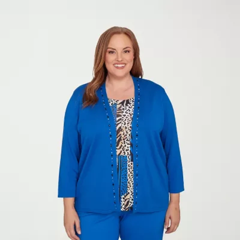 Alfred Dunner Barcelona Womens Round Neck 3/4 Sleeve Animal Layered Sweater Plus