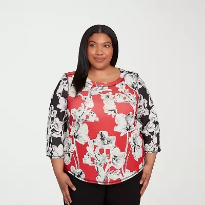 Alfred Dunner Jet Setter Womens Plus Boat Neck 3/4 Sleeve T-Shirt