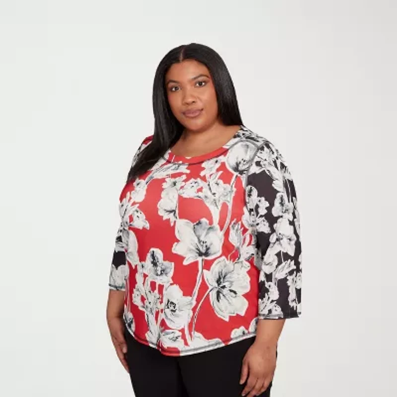 Alfred Dunner Jet Setter Womens Plus Boat Neck 3/4 Sleeve T-Shirt