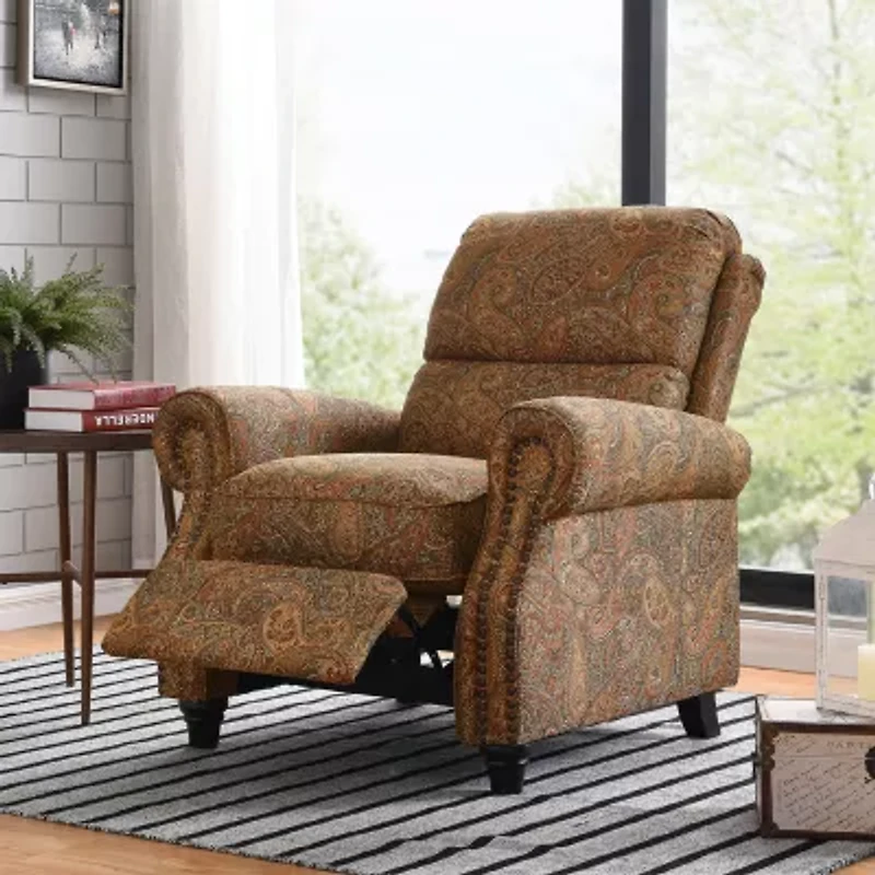 ProLounger Anna Traditional Roll-Arm Push Back Recliner in Multi-Burgundy Paisley with Nailheads