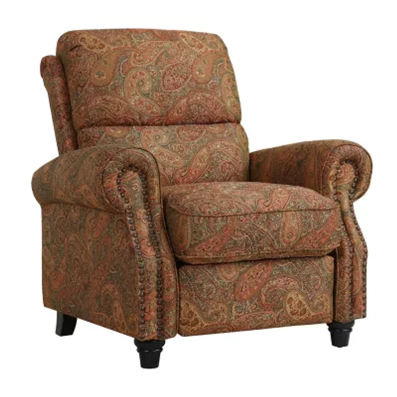 ProLounger Anna Traditional Roll-Arm Push Back Recliner in Multi-Burgundy Paisley with Nailheads