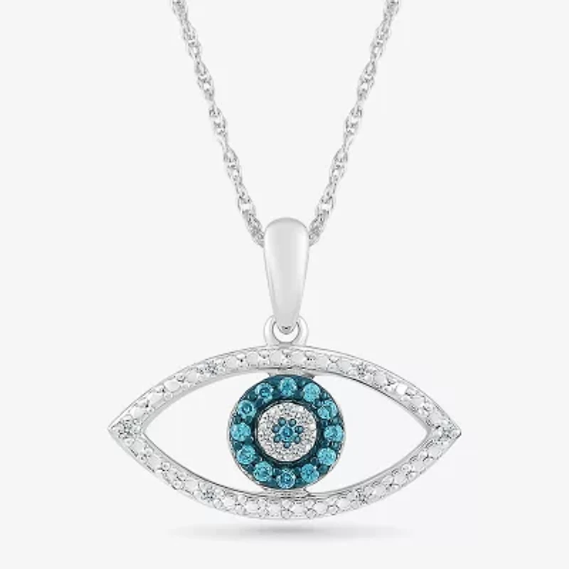 Womens 1/10 CT. T.W. Natural Blue Diamond 14K White Gold Evil Eye 18 Inch Pendant Necklace