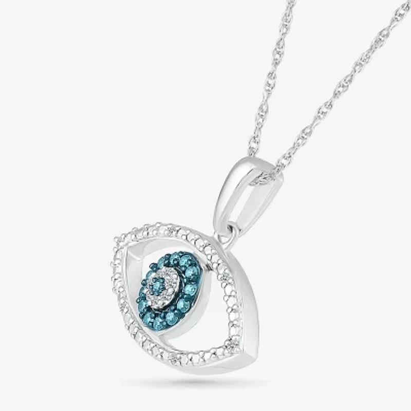 Womens 1/10 CT. T.W. Natural Blue Diamond 14K White Gold Evil Eye 18 Inch Pendant Necklace