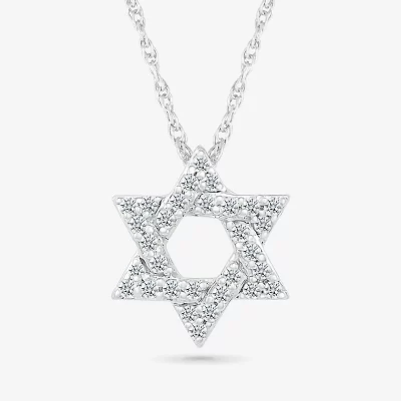 Star Of David Womens 1/6 CT. T.W. Natural White Diamond 14K White Gold Star 18 Inch Pendant Necklace