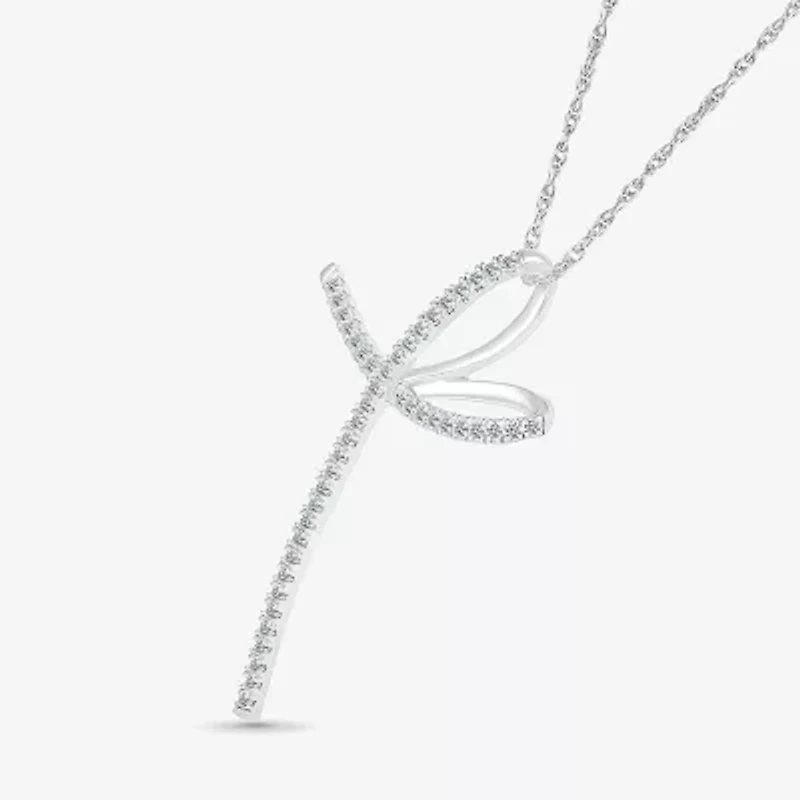 Womens 1/3 CT. T.W. Natural White Diamond 14K White Gold Cross 18 Inch Pendant Necklace