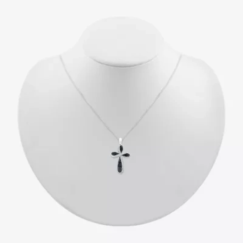 Womens 1/4 CT. T.W. Natural Black Diamond 14K White Gold Cross 18 Inch Pendant Necklace