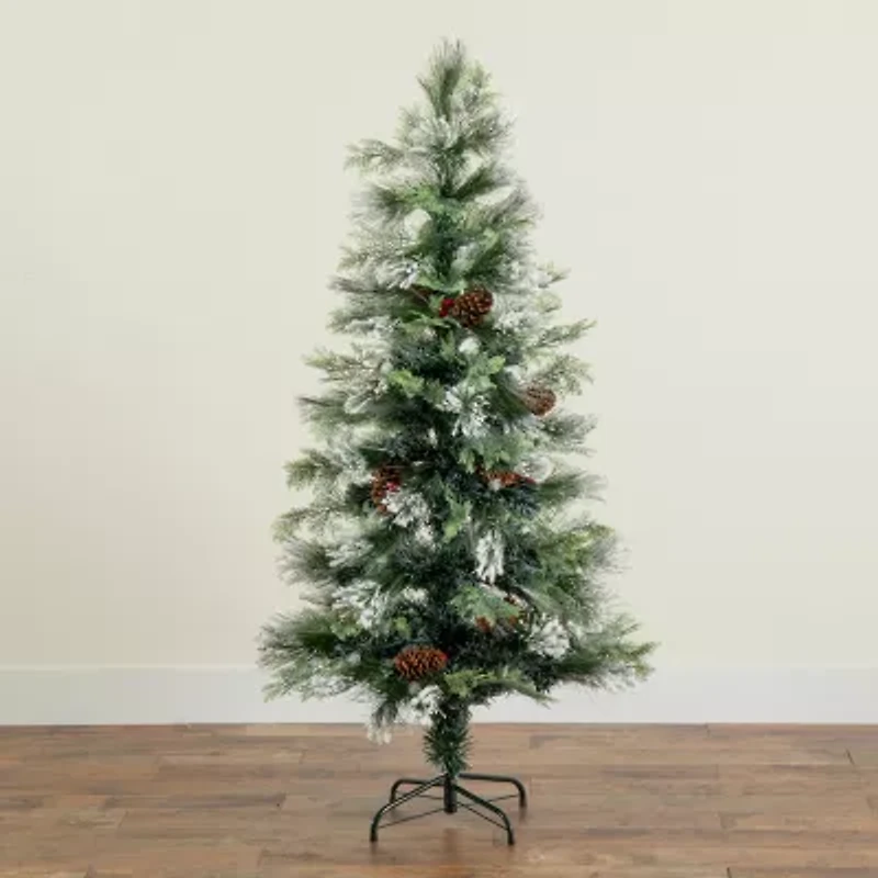 Nearly Natural Fiber Optic Faux 5 Foot Pre-Lit Flocked Pine Christmas Tree