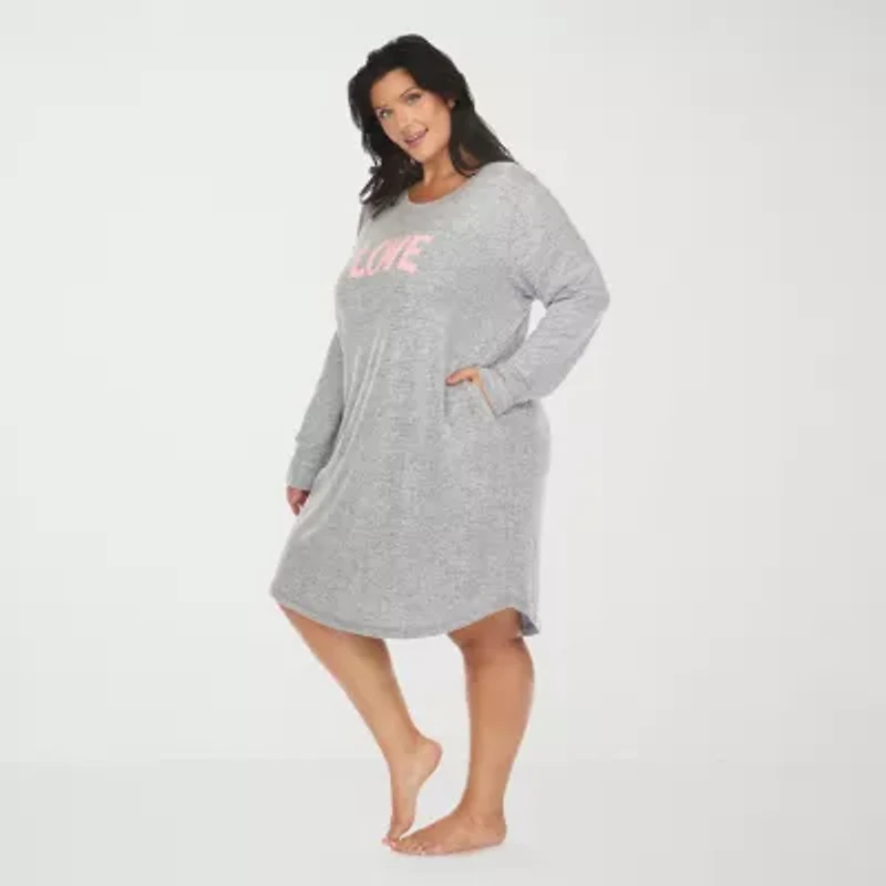 White Mark Womens Round Neck Long Sleeve Plus Nightgown