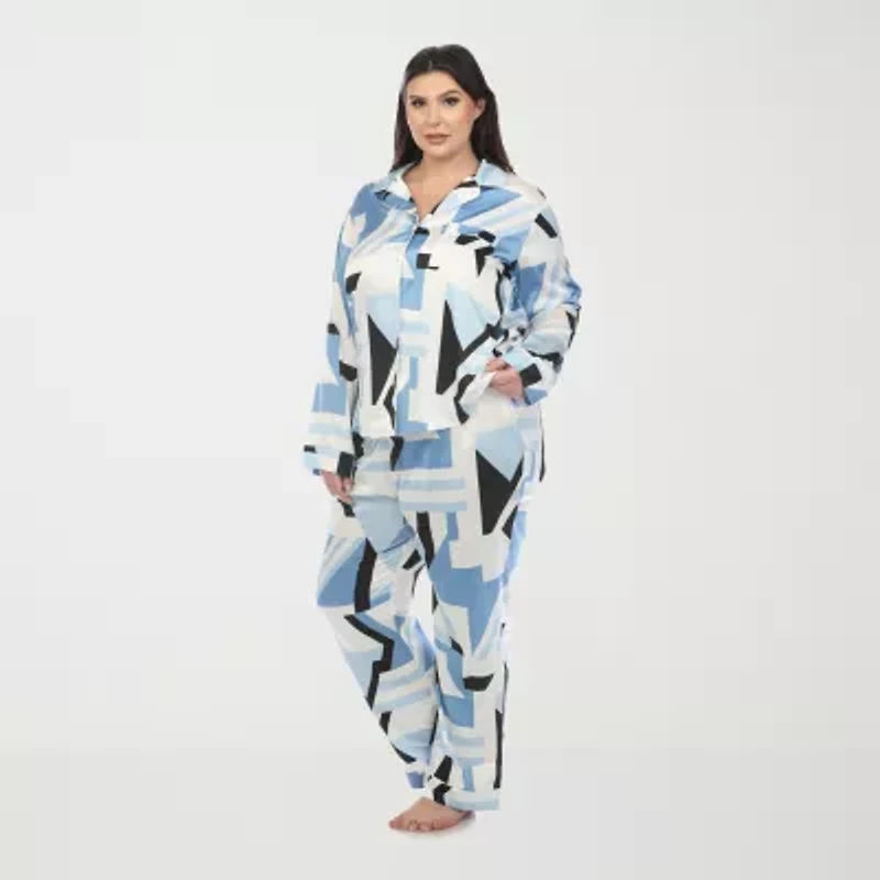 White Mark Womens Satin Long Sleeve 2-pc. Plus Pajama Sets