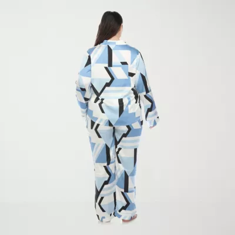 White Mark Womens Satin Long Sleeve 2-pc. Plus Pajama Sets
