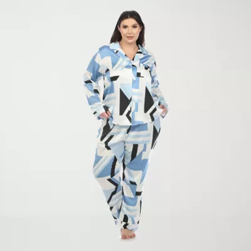 White Mark Womens Satin Long Sleeve 2-pc. Plus Pajama Sets