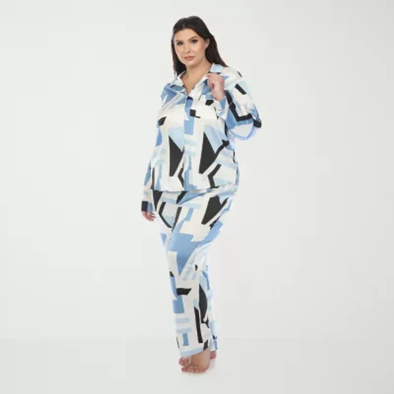 White Mark Womens Satin Long Sleeve 2-pc. Plus Pajama Sets