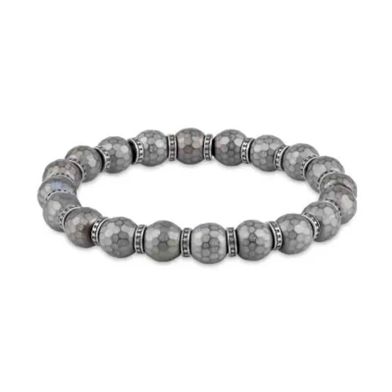 Mens Genuine Gray Hematite Stainless Steel Beaded Bracelet