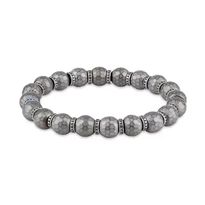 Mens Genuine Gray Hematite Stainless Steel Beaded Bracelet