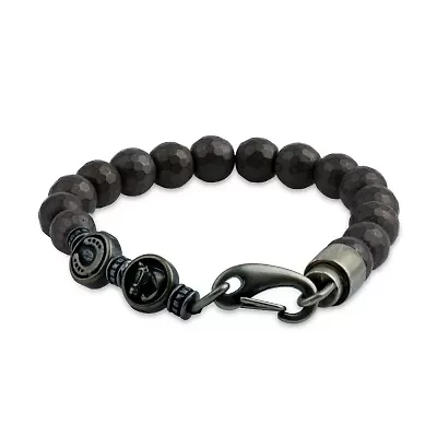 Mens Genuine Brown Hematite Stainless Steel Beaded Bracelet