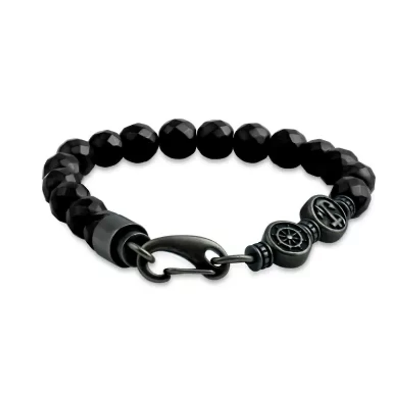 Mens Genuine Gray Hematite Stainless Steel Beaded Bracelet
