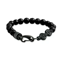 Mens Genuine Gray Hematite Stainless Steel Beaded Bracelet