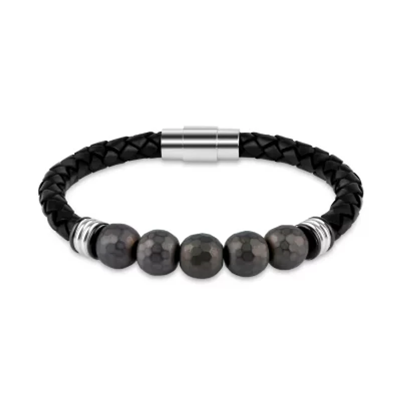 Mens Brown Hematite Stainless Steel Beaded Bracelet