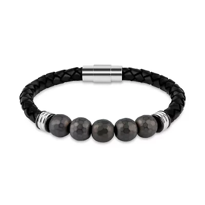 Mens Brown Hematite Stainless Steel Beaded Bracelet