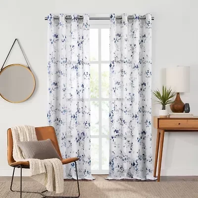 Fieldcrest Arden Watercolor Bouquet Cotton Grommet Top Sheer Single Curtain Panel