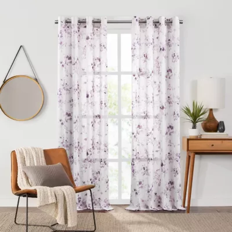Fieldcrest Arden Watercolor Bouquet Cotton Grommet Top Sheer Single Curtain Panel