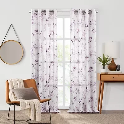 Fieldcrest Arden Watercolor Bouquet Cotton Grommet Top Sheer Single Curtain Panel