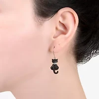 Silver Treasures Cat Womens Black Crystal Sterling Silver Drop Earrings