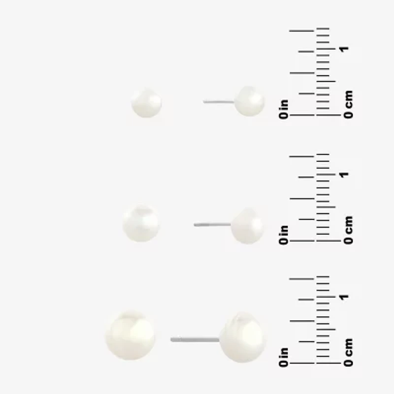 Silver Treasures Womens White Cultured Freshwater Pearl Sterling Silver Ball 3 Pair Earring Set