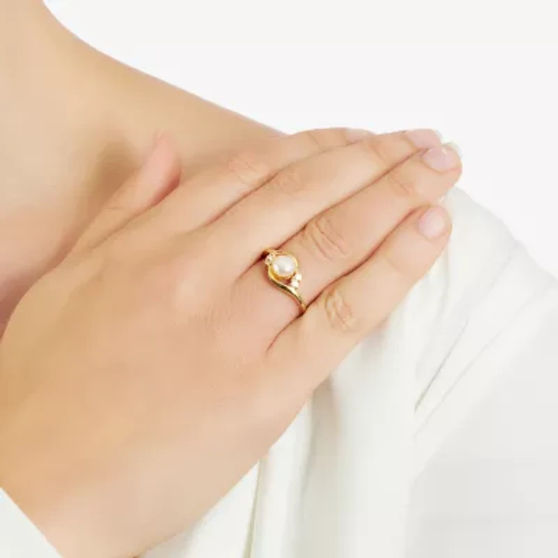 Silver Treasures Womens White Cultured Freshwater Pearl Cubic Zirconia 14K Gold Over Promise Ring