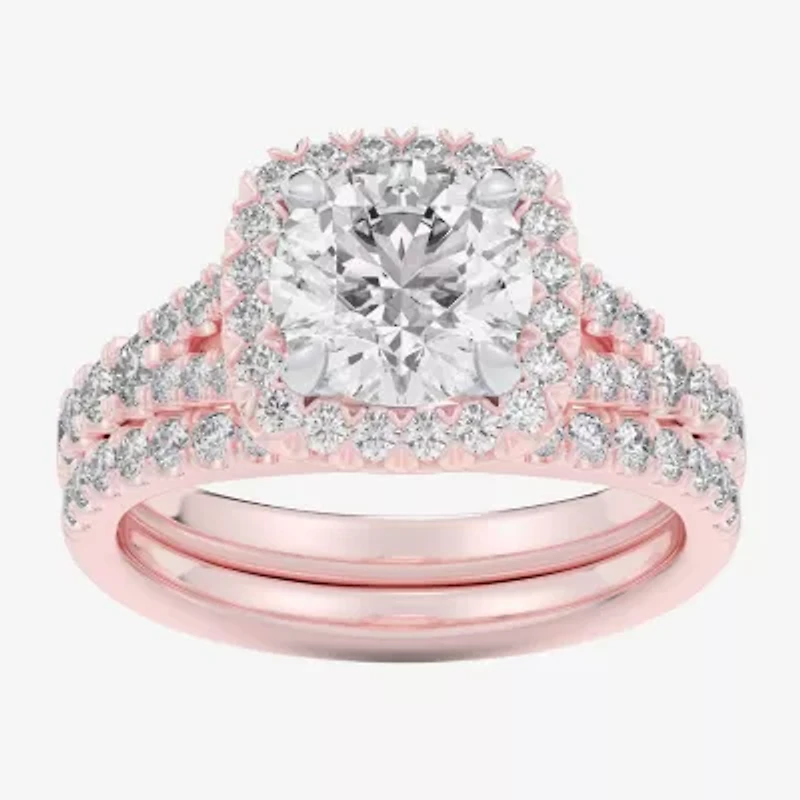 G-H / Si1-Si2) Womens CT. T.W. Lab Grown White Diamond 14K Gold Round Side Stone Halo Bridal Set