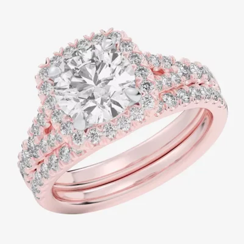 G-H / Si1-Si2) Womens CT. T.W. Lab Grown White Diamond 14K Gold Round Side Stone Halo Bridal Set