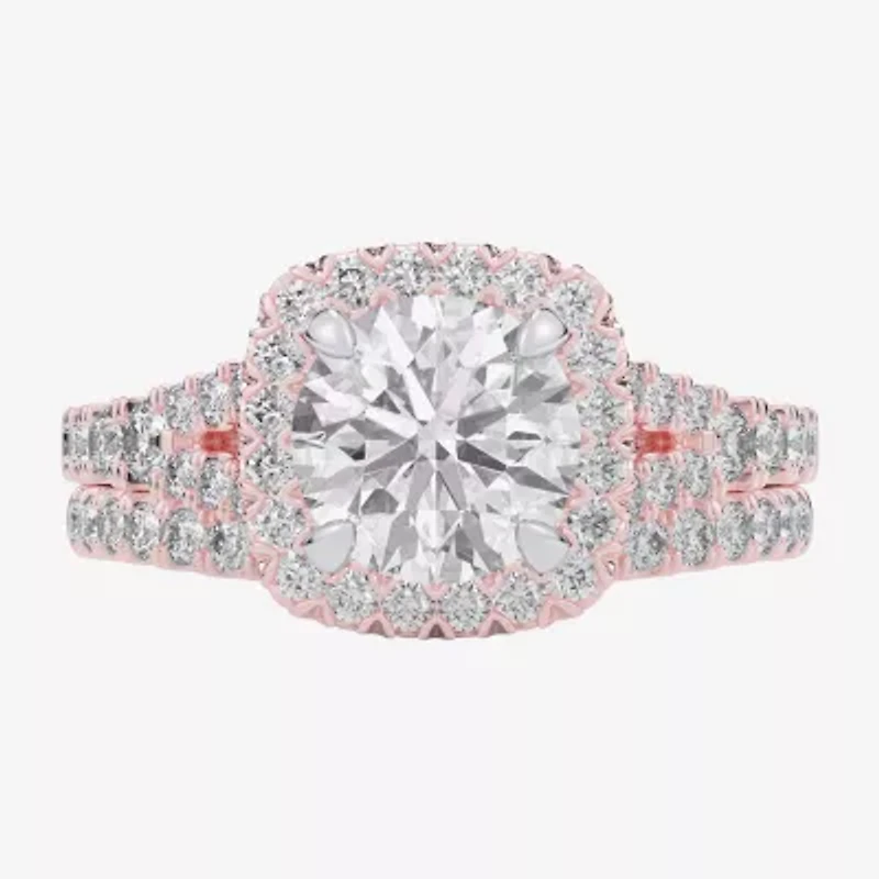 G-H / Si1-Si2) Womens CT. T.W. Lab Grown White Diamond 14K Gold Round Side Stone Halo Bridal Set