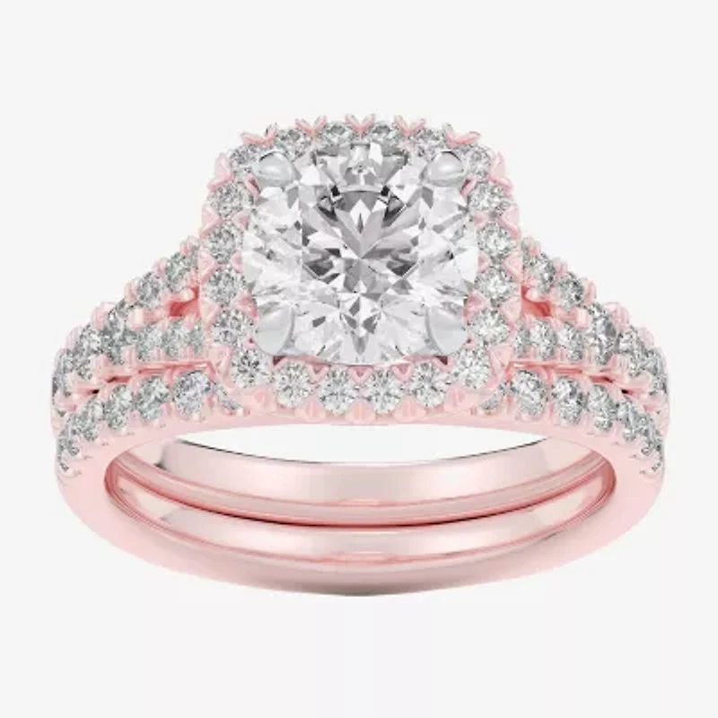 G-H / Si1-Si2) Womens 3 CT. T.W. Lab Grown White Diamond 14K Gold Round Side Stone Halo Bridal Set