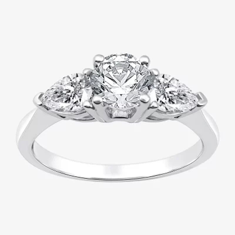 (H-I / Si2-I1) Womens 1 1/2 CT. T.W. Lab Grown White Diamond 10K Gold Pear Round 3-Stone Engagement Ring