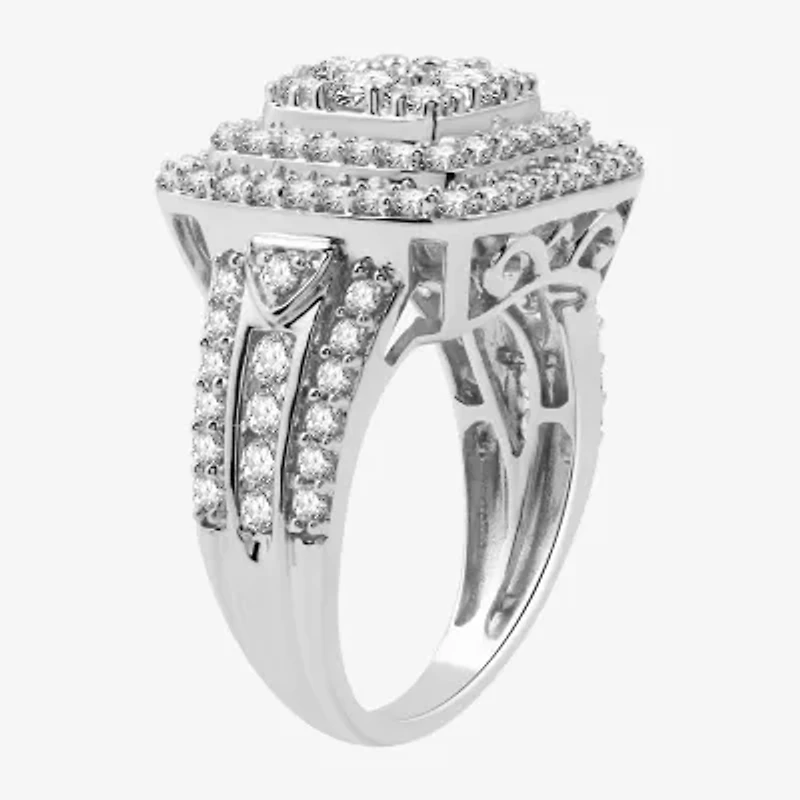 Womens 2 CT. T.W. Lab Grown White Diamond Sterling Silver Cushion Side Stone Cocktail Ring