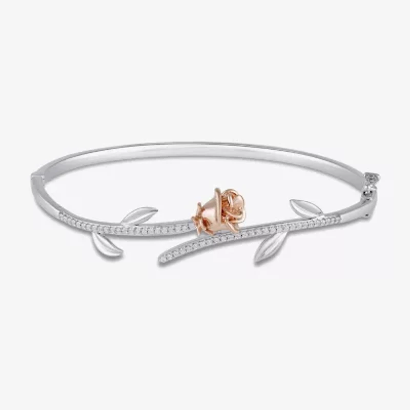 Womens 1/4 CT. T.W. Natural White Diamond 14K Rose Gold Over Silver Sterling Silver Flower Beauty and the Beast Belle Princess Bangle Bracelet