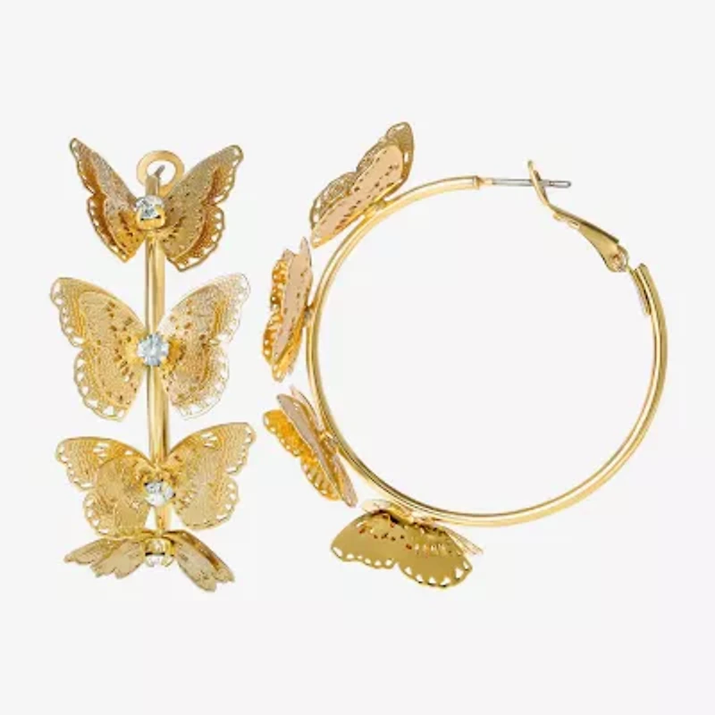 JS Jessica Simpson Gold Tone Womens Glass 48mm Butterfly Hoop Earrings